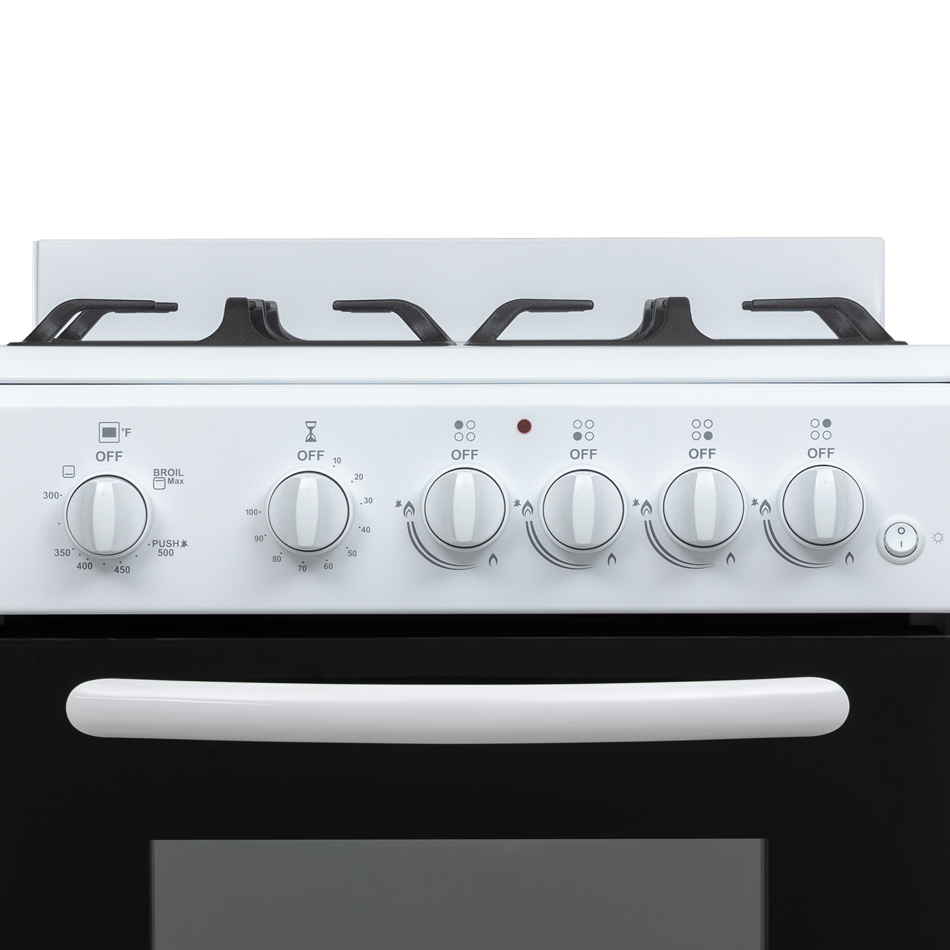 White gas range control panel with six knobs and heavy-duty cast iron grates in kitchen and home improvement appliances collection