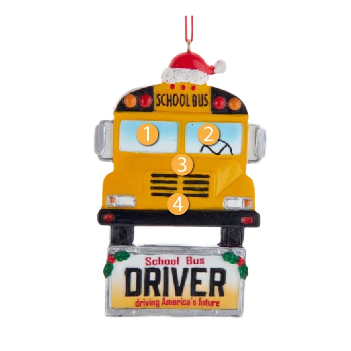 Yellow school bus ornament with Santa hat and license plate reading "Driver driving America’s future
