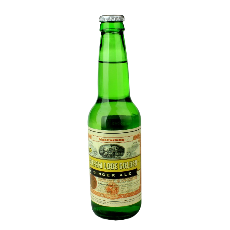 Green glass bottle of Dream Lode Golden ginger ale with vintage-style label and silver cap