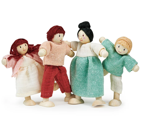 Set of four handcrafted wooden dolls with fabric clothing for imaginative pretend play in kids toys collection under $50