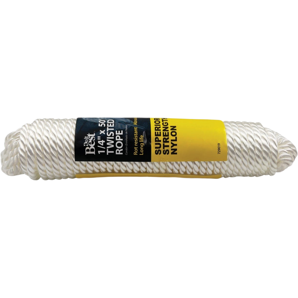 White twisted nylon rope coil with packaging label highlighting strength and durability for home improvement use