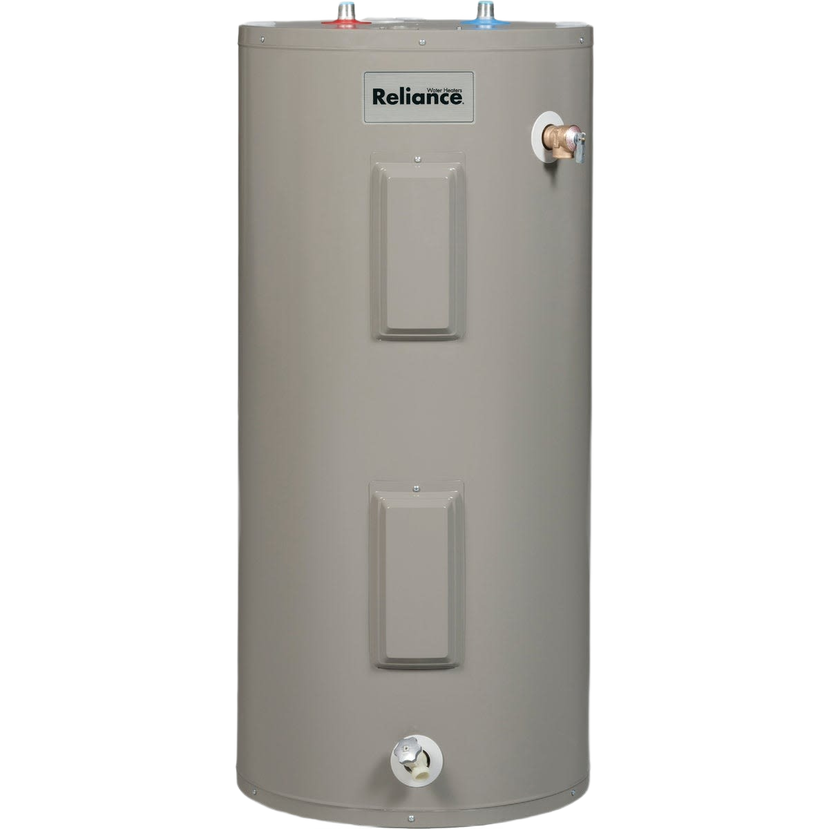 Beige electric water heater with top inlet and outlet connections designed for home improvement use