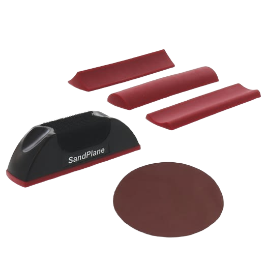 Black and red sanding tool with three shaped contour pads and a round abrasive disc for woodworking projects