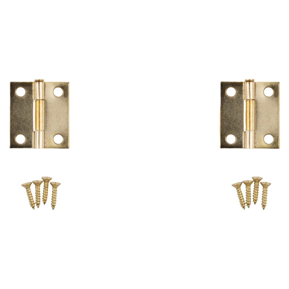 Two 1-1/2 inch brass loose-pin narrow hinges with matching screws for door hardware and home improvement projects