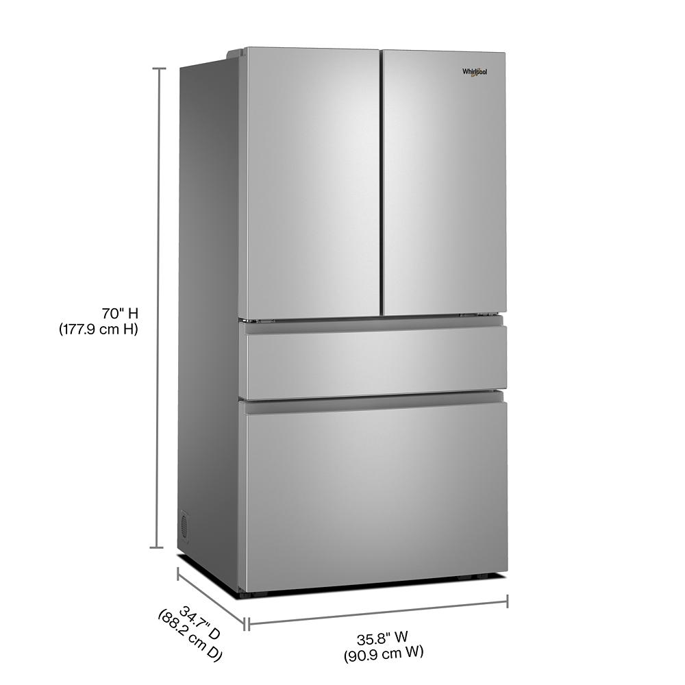 Stainless steel French door refrigerator with two drawers and sleek modern design in kitchen appliance collection