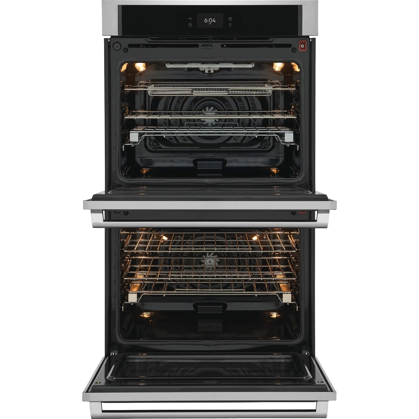 Stainless steel 30-inch electric double wall oven with racks and digital control in kitchen appliance setting