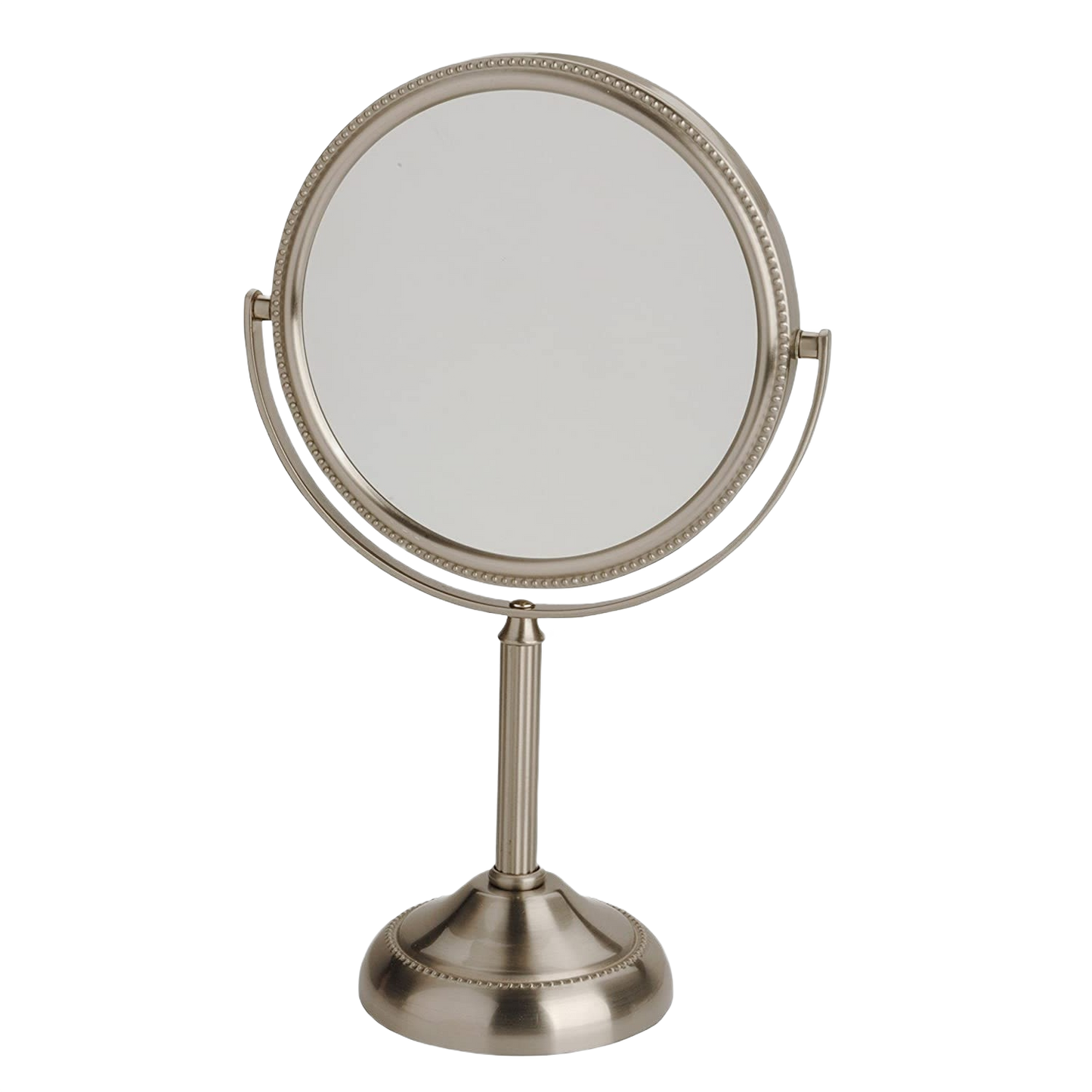 Nickel-finished swivel tabletop mirror with 6-inch dual-sided design for bathroom and home decor use