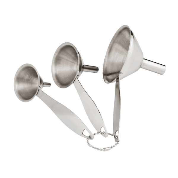 Set of three stainless steel condiment funnels with handles and chain for kitchen and home use