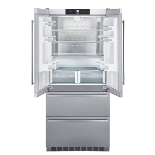 stainless steel freestanding French door refrigerator with dual drawers and ice maker in kitchen appliances collection