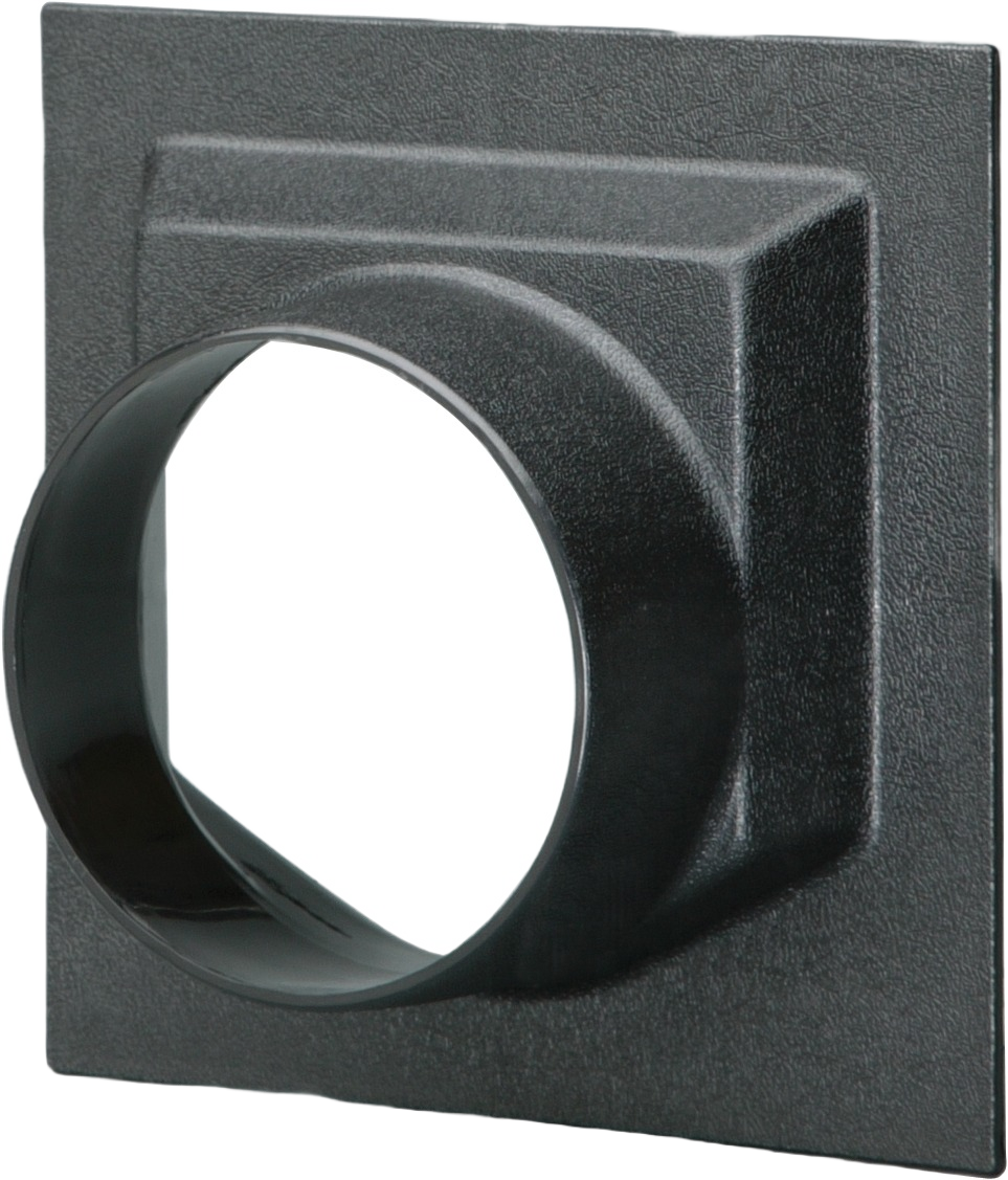 Matte black plastic universal dust hood with circular opening for dust collection in home improvement projects