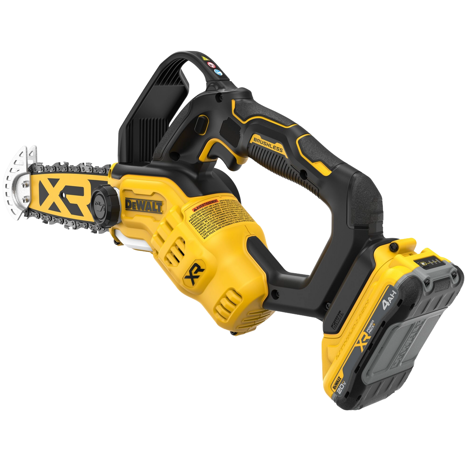 Compact 8-inch cordless brushless pruning chainsaw in yellow and black with ergonomic handle and 20V battery, ideal for outdoor power equipment and lawn care.
