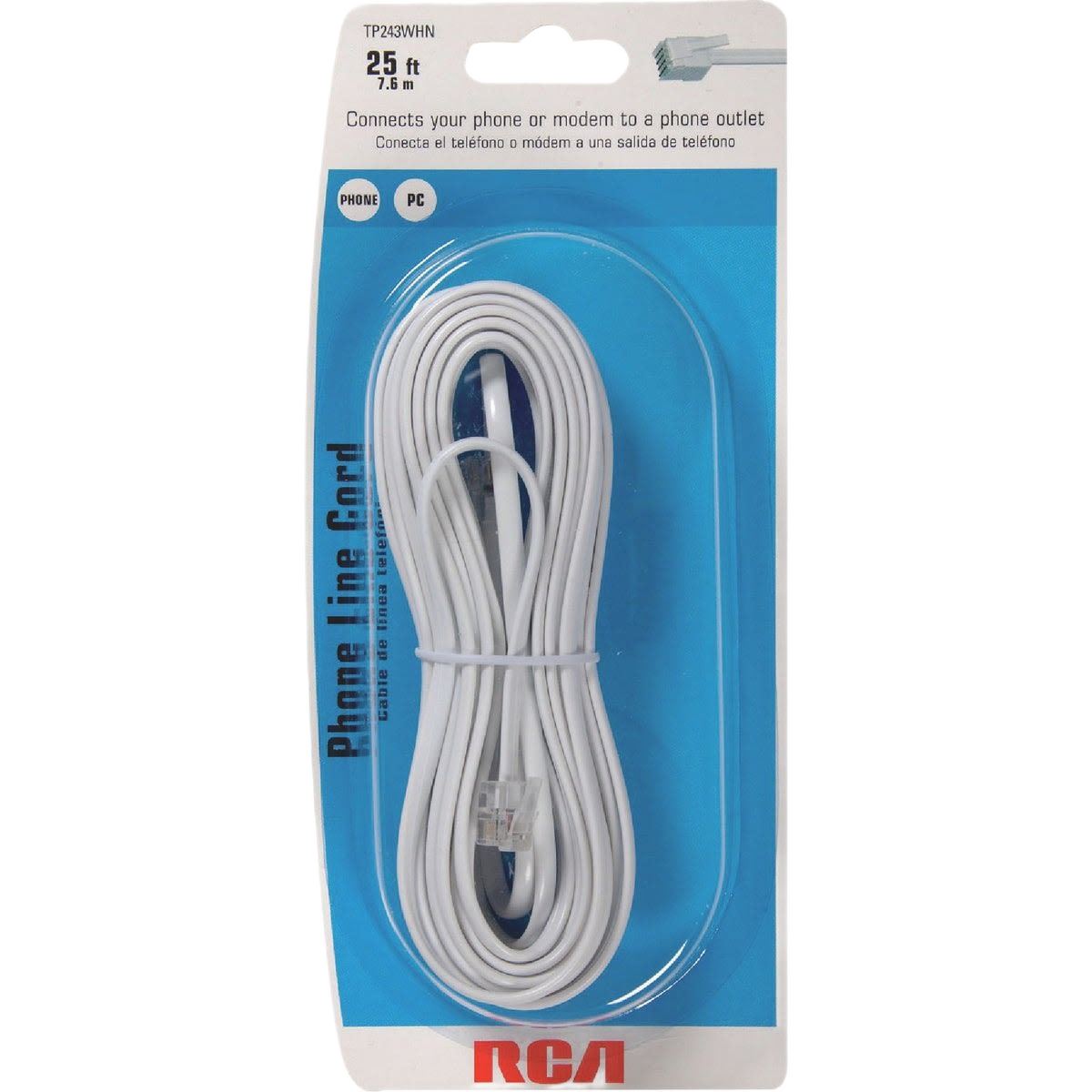 White 25-foot phone line cord with RJ11 connectors for phone or modem connection in blue and white packaging