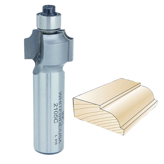 Carbide-tipped beading router bit with bearing guide alongside sample wood edge profile for woodworking projects