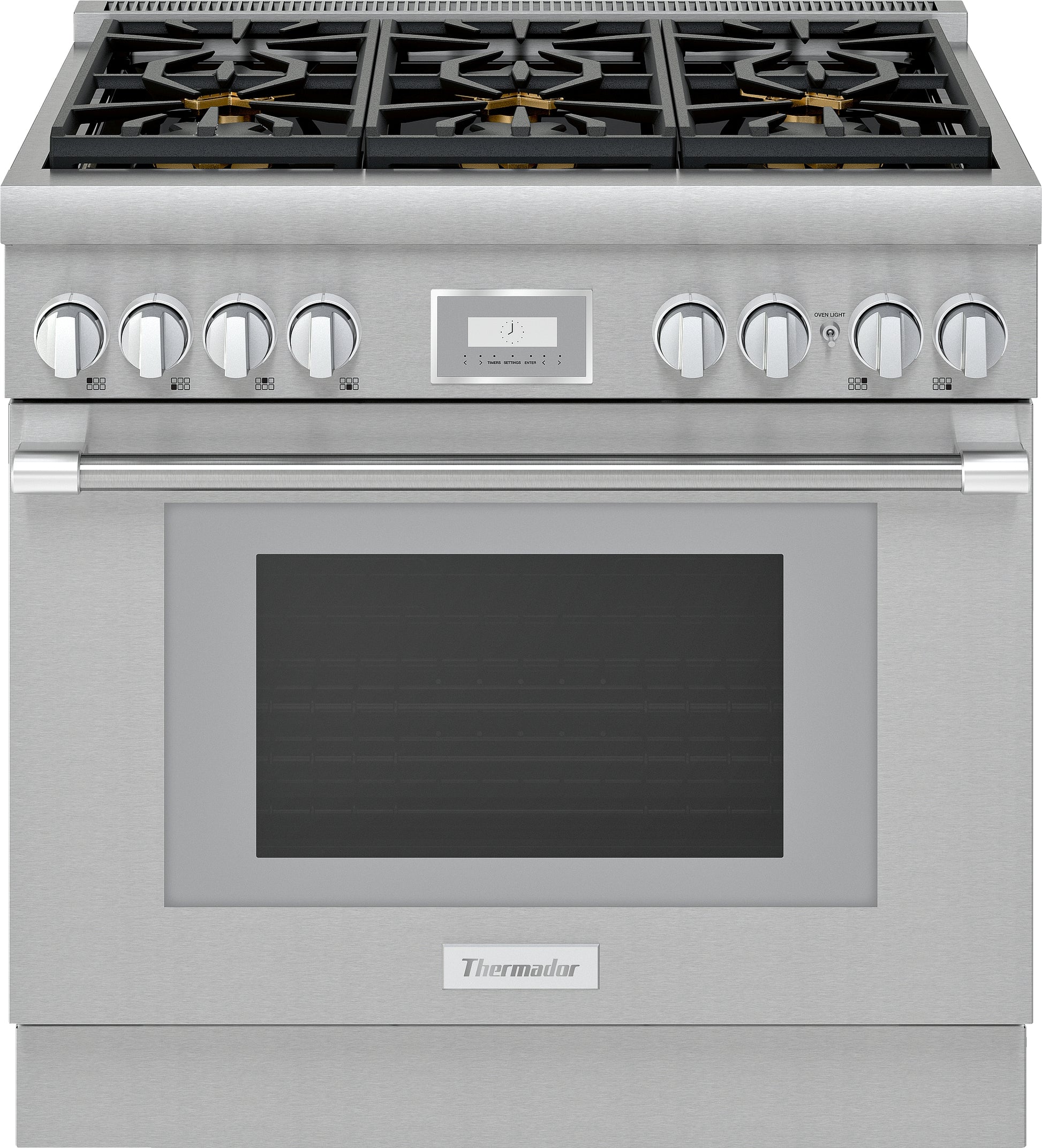 36-inch stainless steel gas range with six burners, digital display, and professional design from Thermador Ranges collection