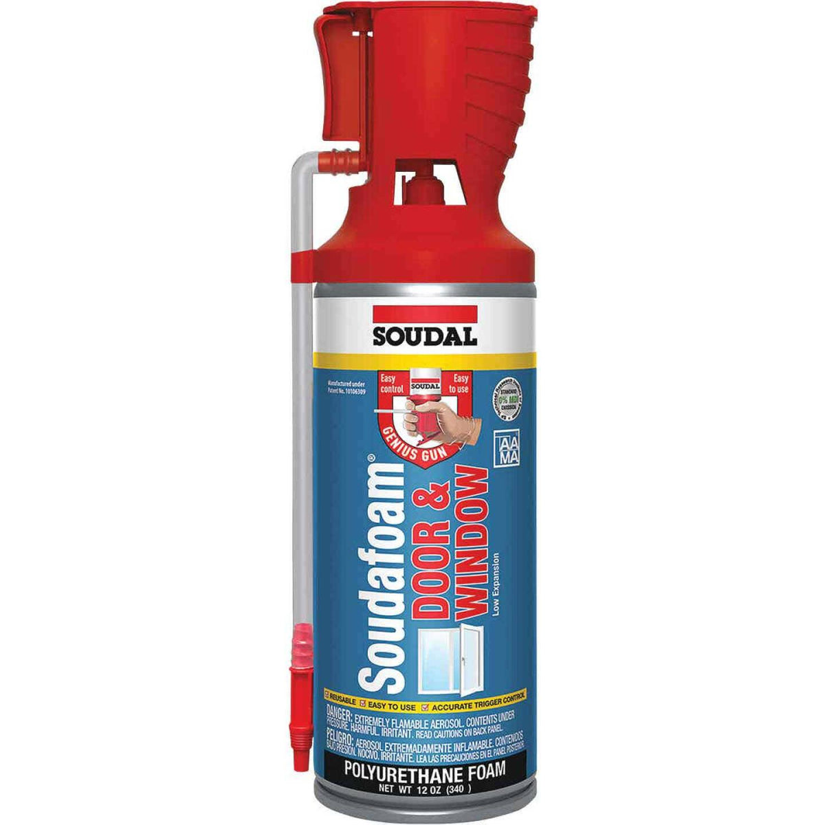 Red and blue polyurethane foam sealant canister designed for door and window insulation in home improvement collections