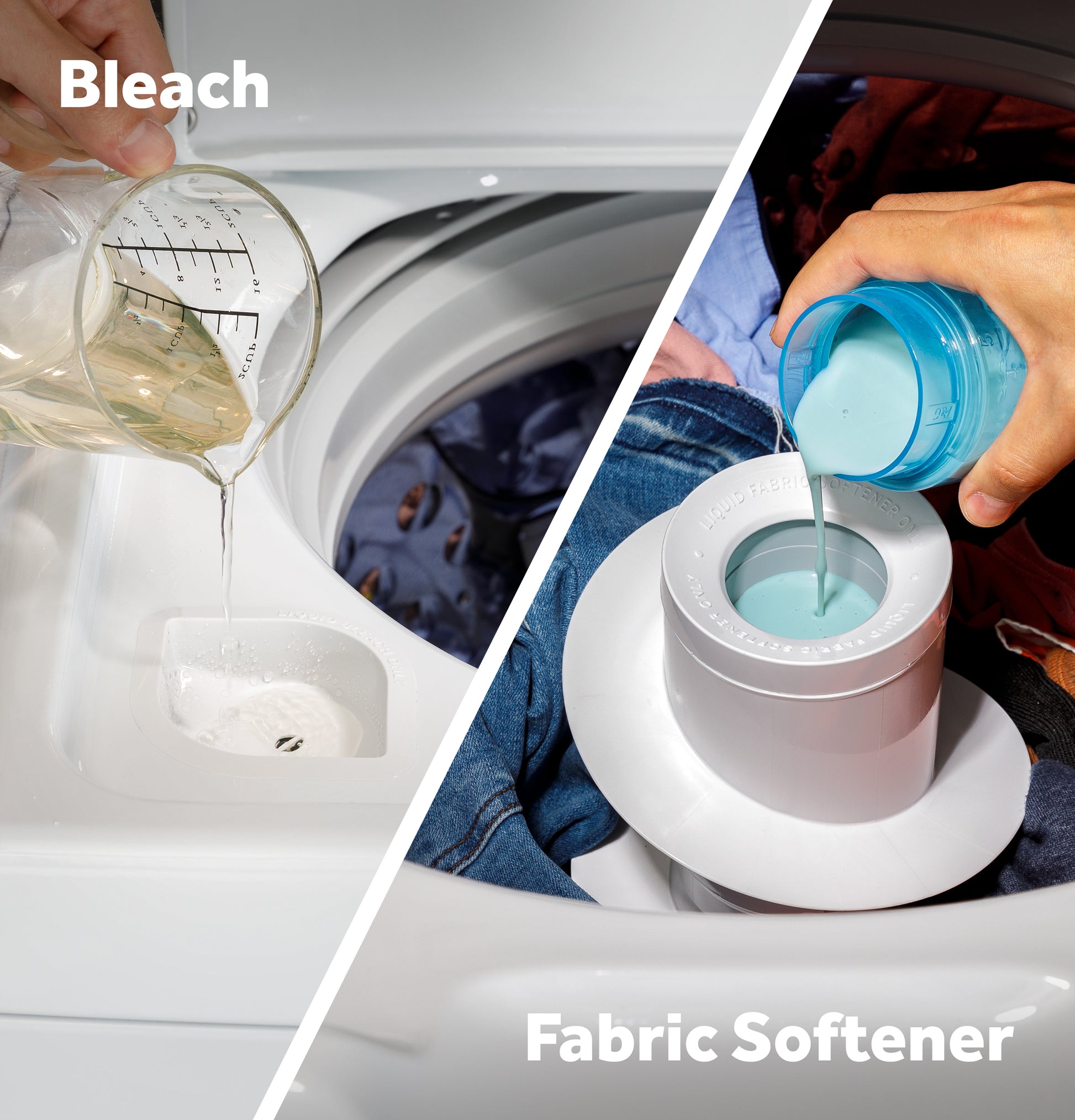 Pouring bleach into top load washer dispenser and adding fabric softener to center agitator for laundry care