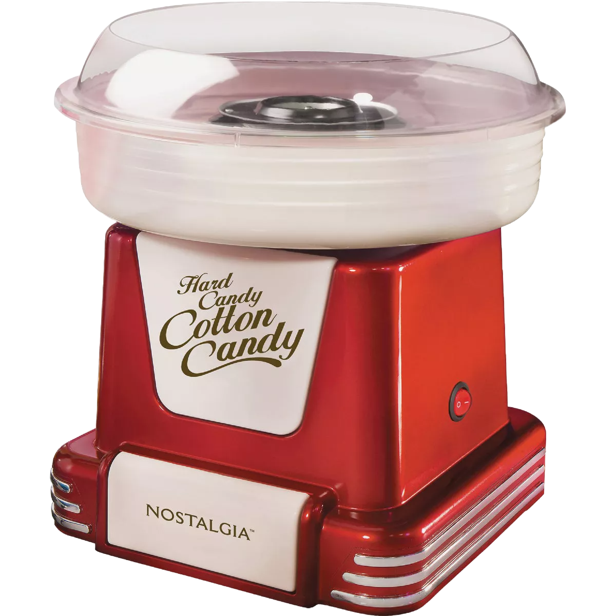 Vintage-style red cotton candy maker with clear plastic bowl, suitable for small kitchen appliances and home use collections