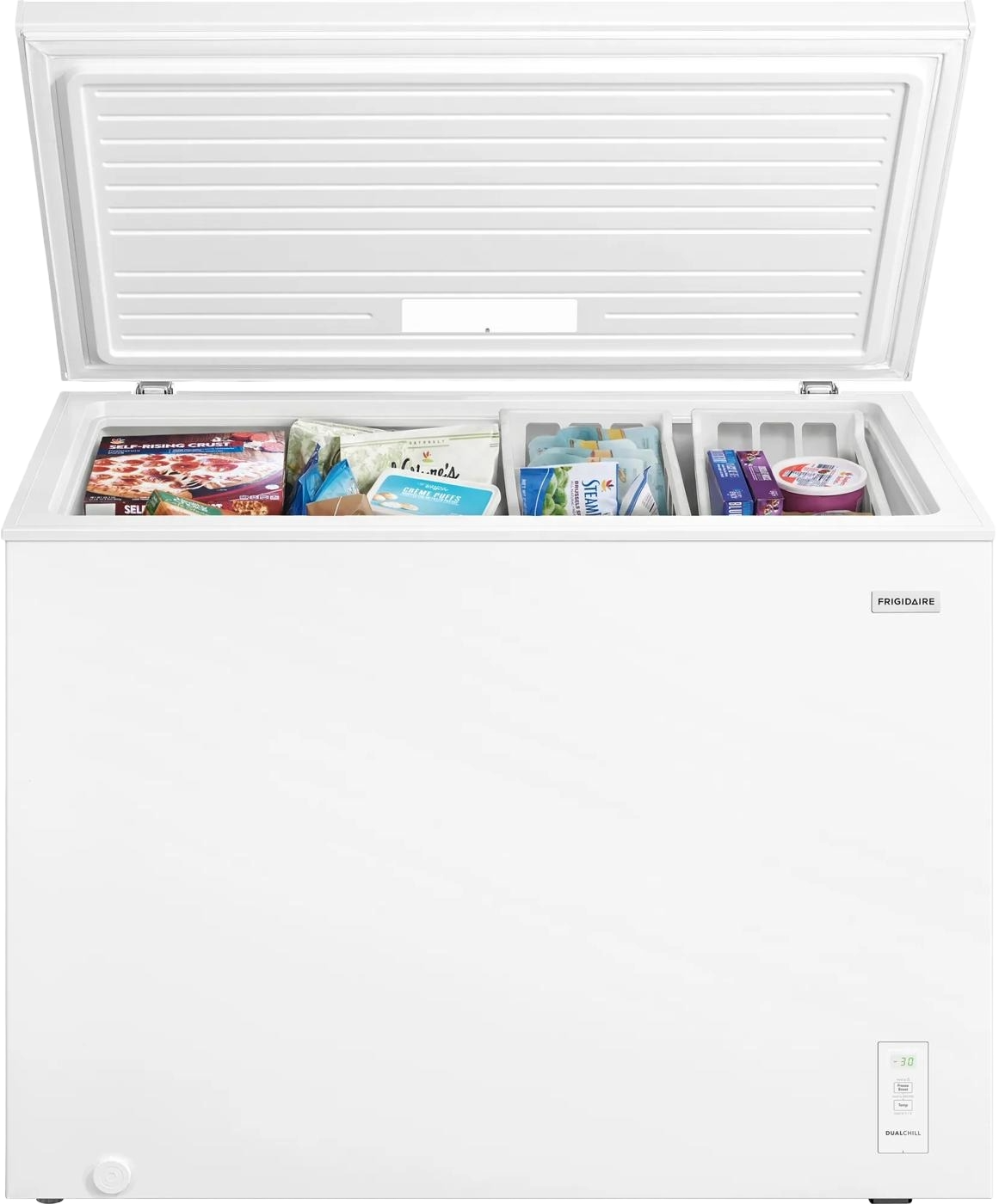 White 10 Cu. Ft. chest freezer open to reveal organized frozen food inside divided compartments, part of Freezers & Ice Makers and Kitchen & Kitchenware collections.