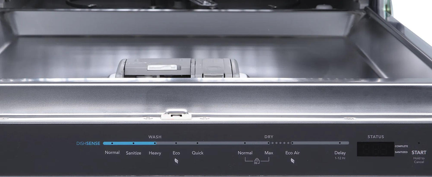Open stainless steel interior of 24-inch built-in dishwasher with hybrid tub and digital control panel for kitchen appliances