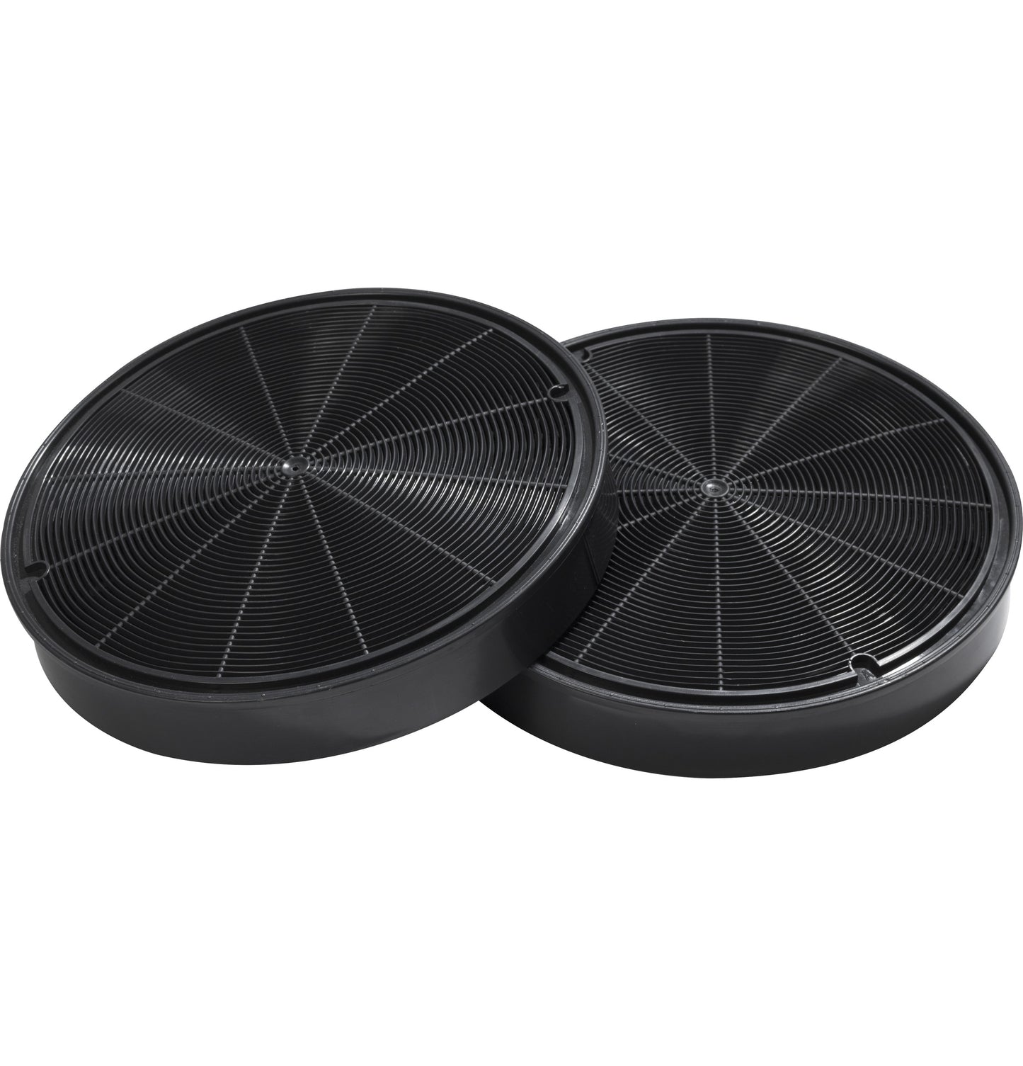 Pair of round black charcoal filters for wall mounted range hoods in kitchen appliances and home improvement collections