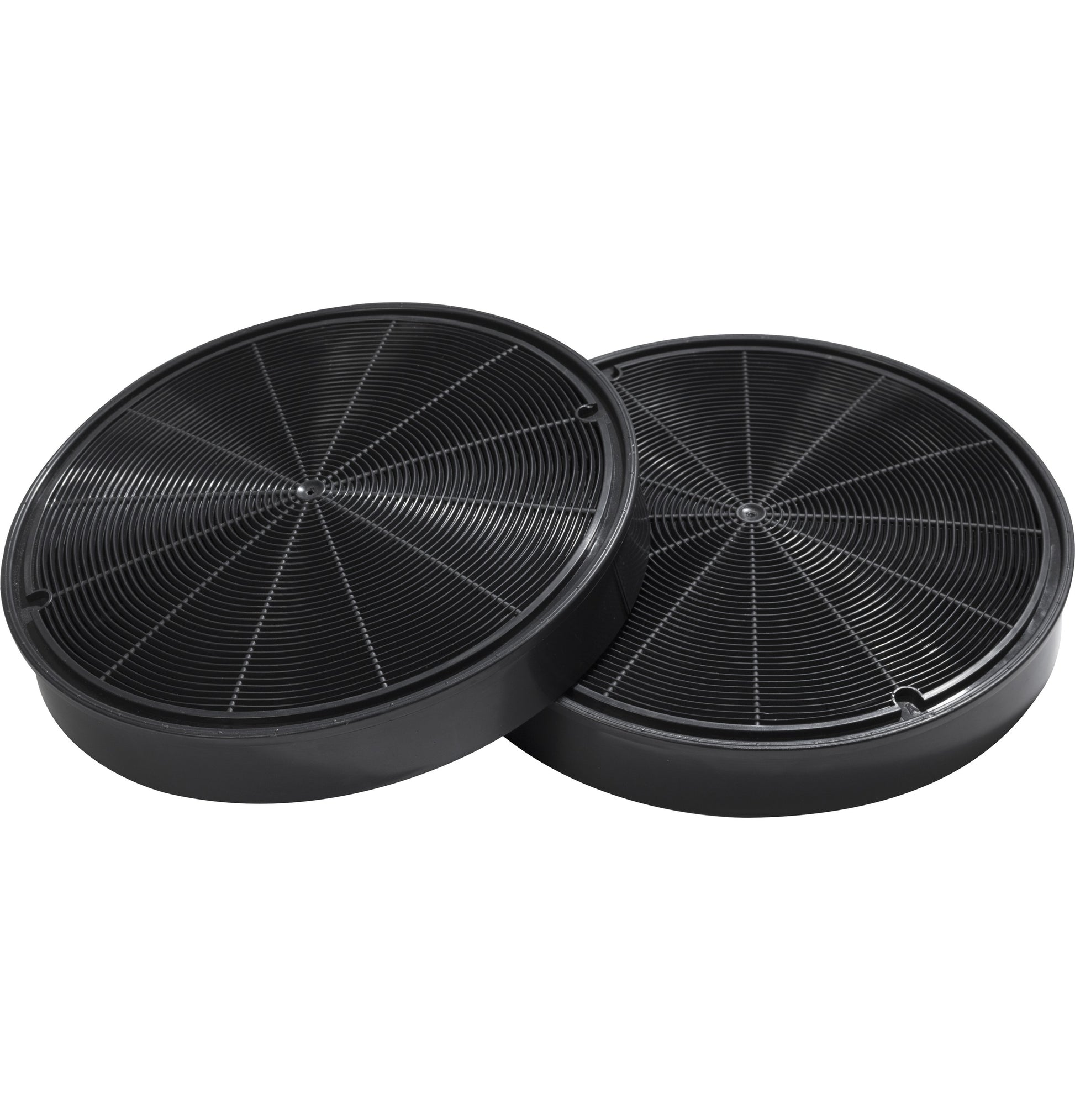 Pair of round black charcoal filters for wall mounted range hoods in kitchen appliances and home improvement collections