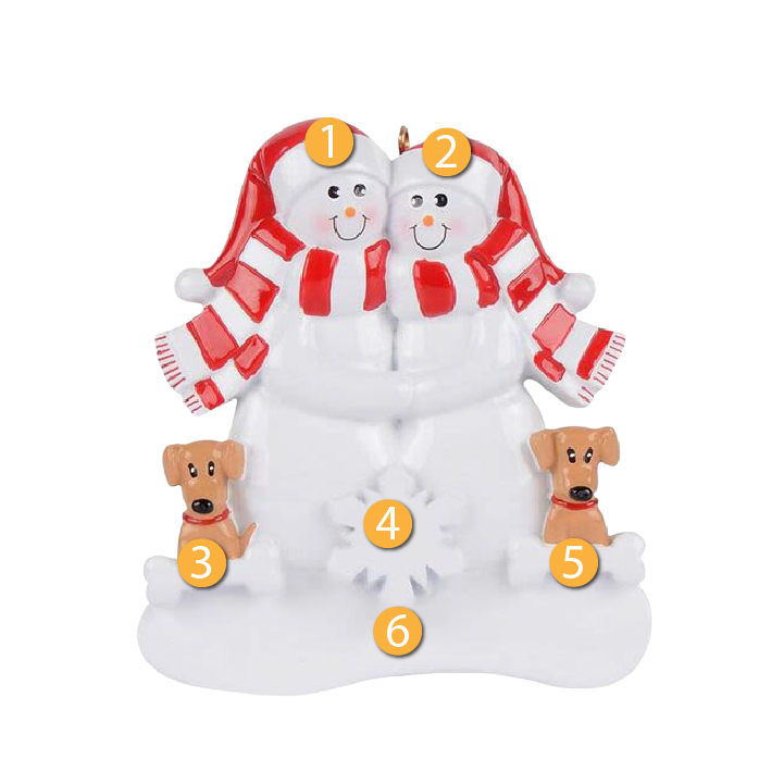 Snow couple ornament wearing red scarves and hats with two tan dogs in Christmas tree decorations collection