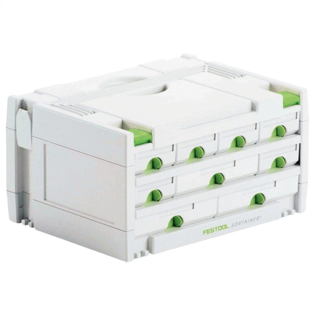 Compact gray tool organizer with nine green-handled drawers for workshop storage and woodworking tools collections