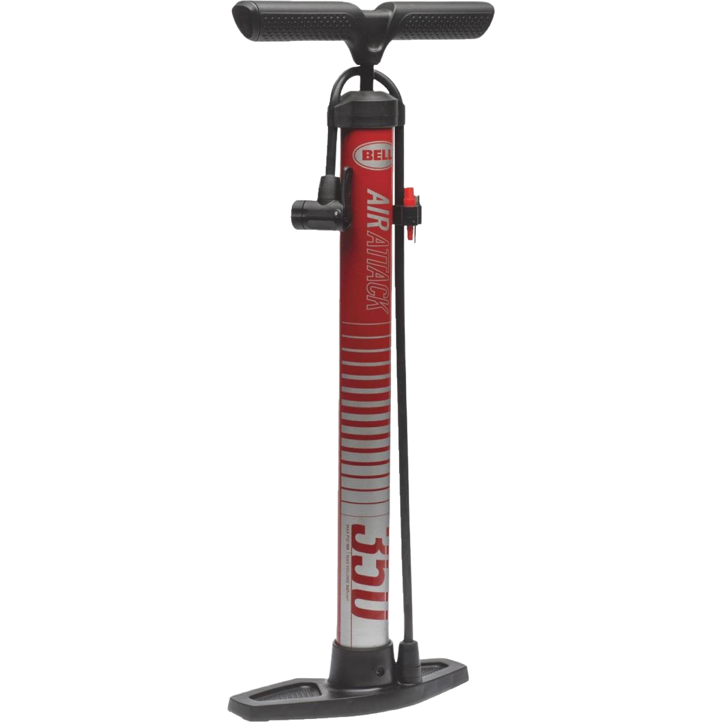 Red and black Bell Sports bicycle floor pump with T-shaped handle and attached hose for Schrader valves
