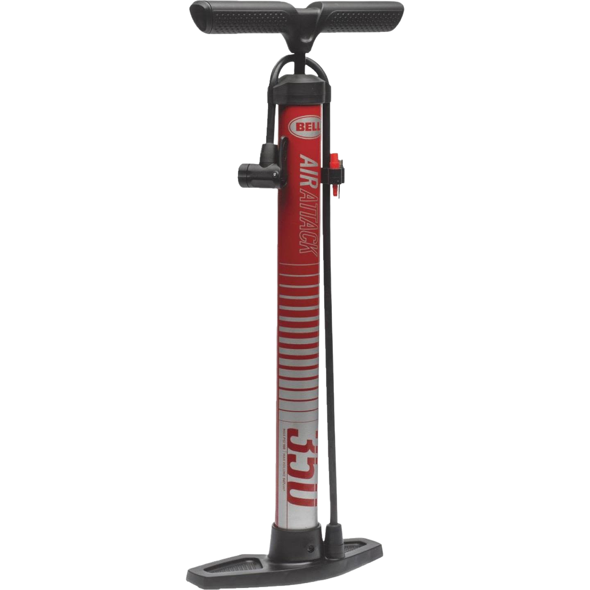 Red and black Bell Sports bicycle floor pump with T-shaped handle and attached hose for Schrader valves
