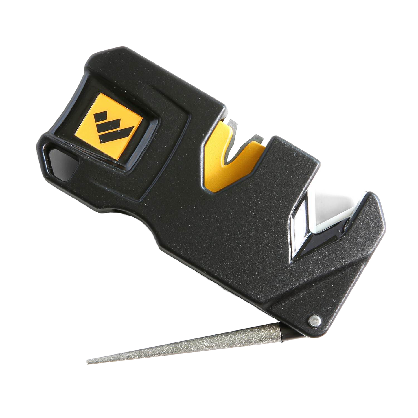 Compact black and yellow multi-stage knife sharpener with ceramic and carbide sharpening slots and built-in tool steel rod