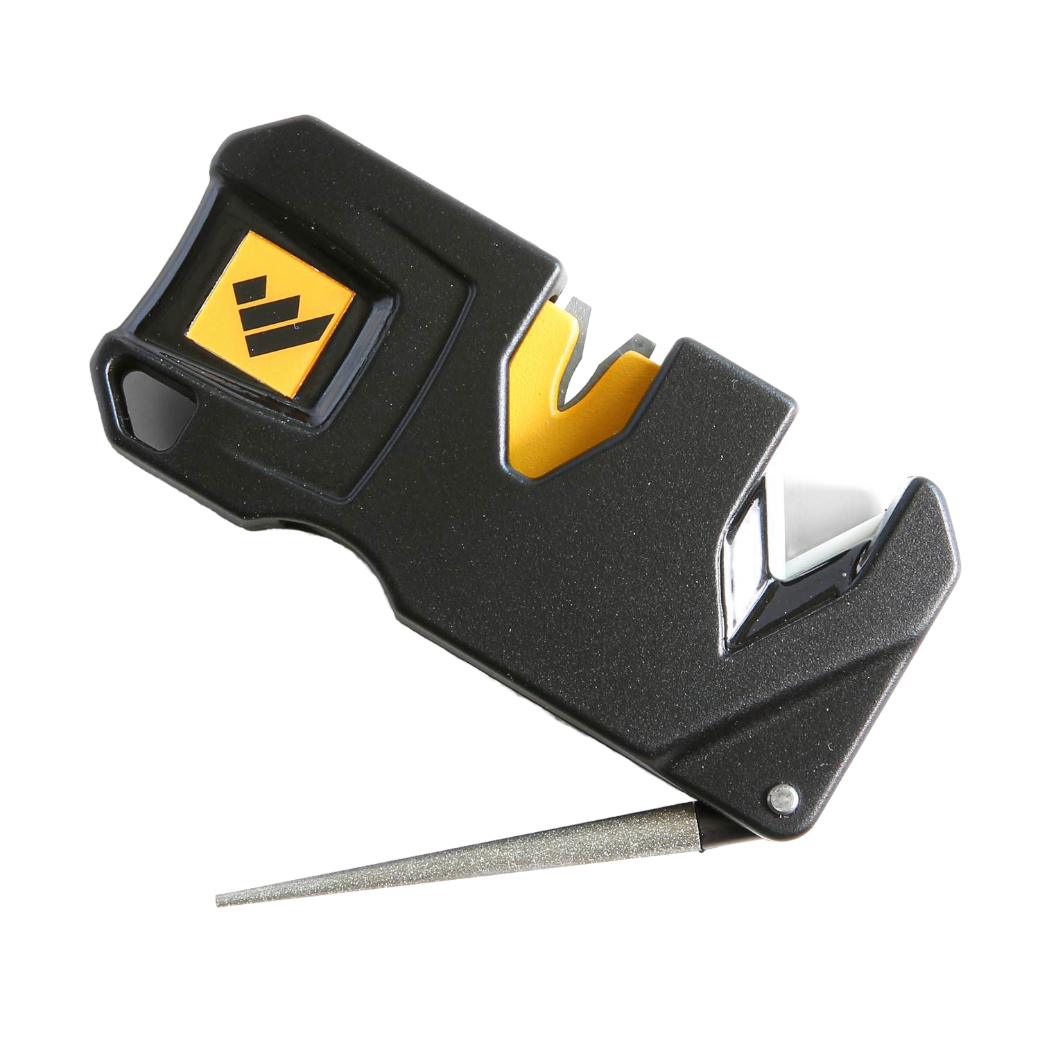 Compact black and yellow multi-stage knife sharpener with ceramic and carbide sharpening slots and built-in tool steel rod