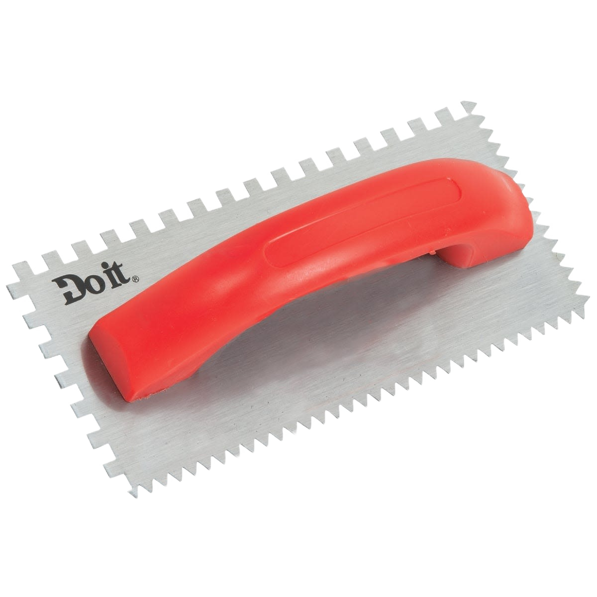 Flooring tool with tempered steel notched blade and red plastic handle for tiling projects under $50 and home improvement use