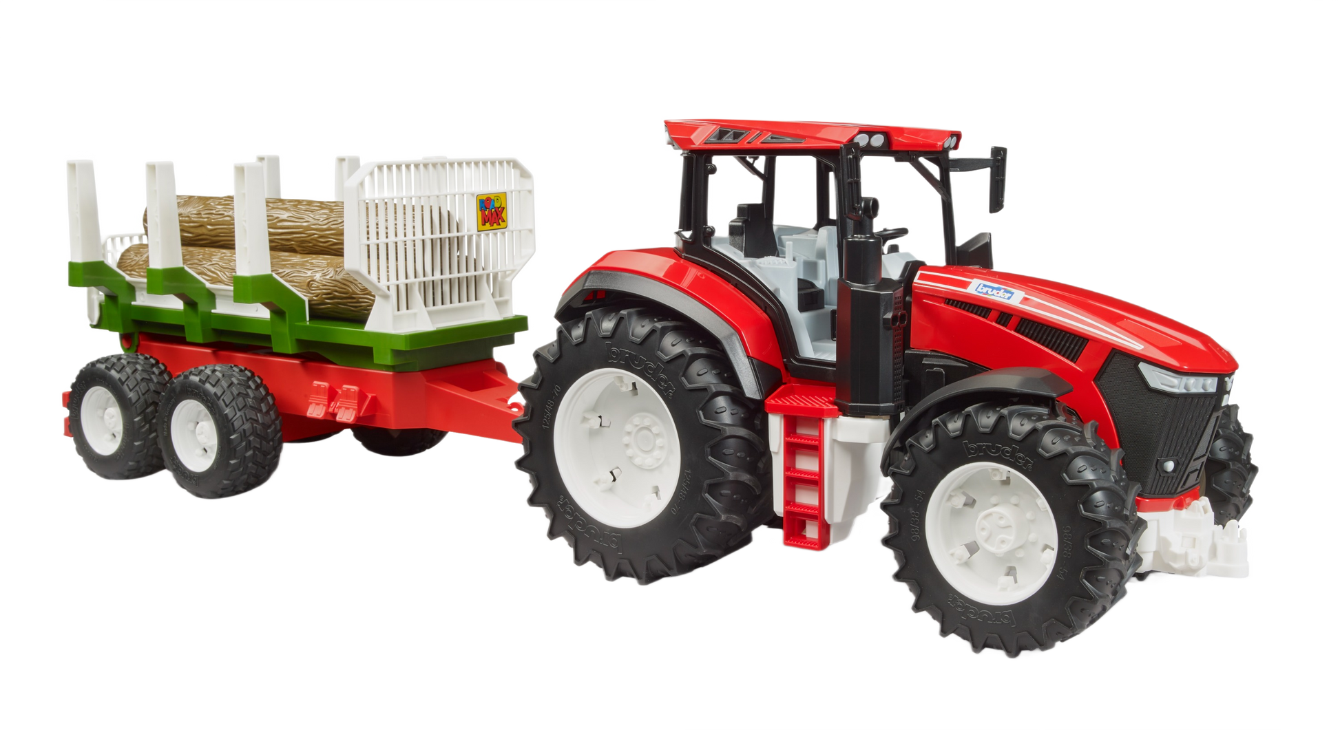Red and black toy tractor pulling a green and red trailer loaded with three logs for pretend outdoor play