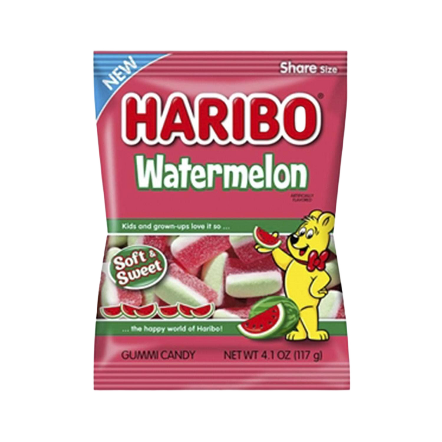 Pink package of Haribo watermelon gummy candy with a bear mascot in the Chocolates & Candies collection under $25