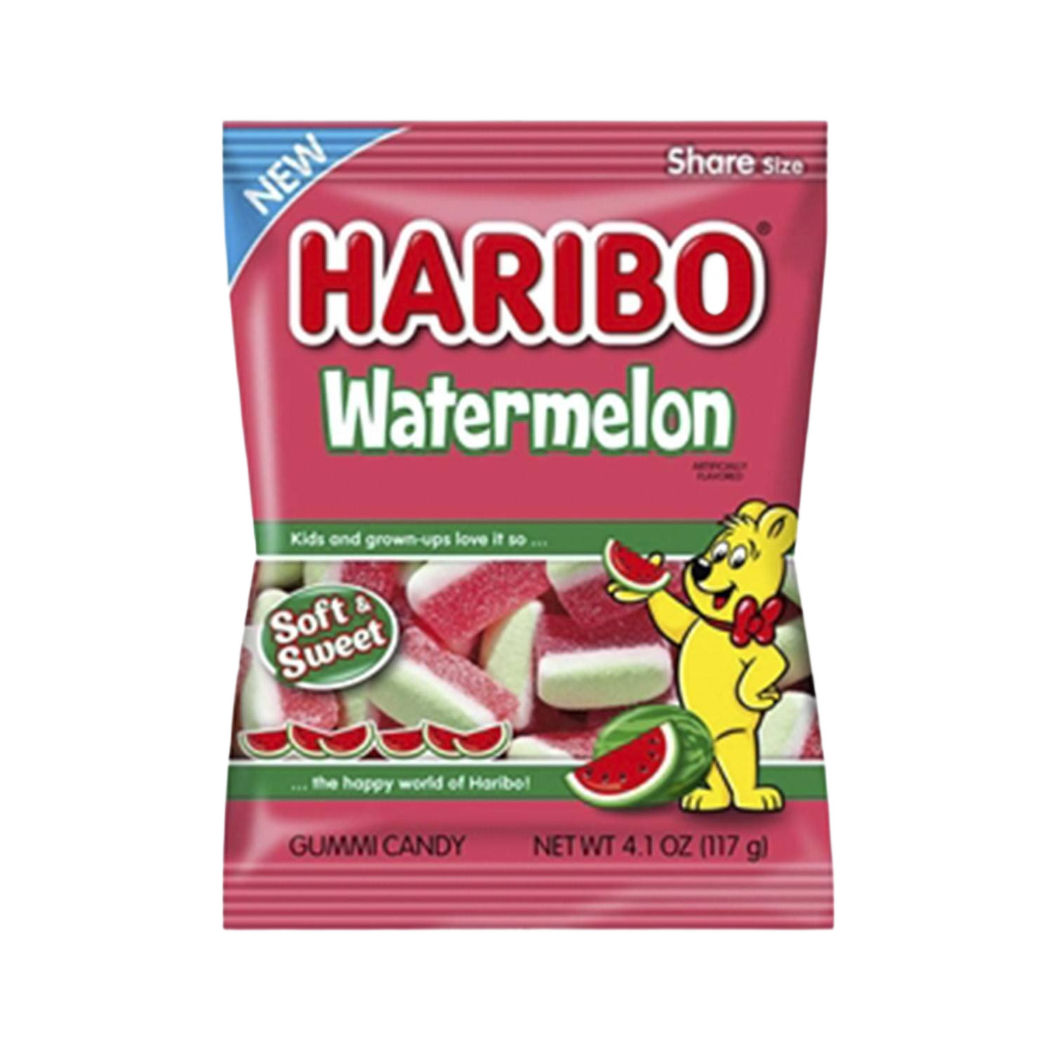 Pink package of Haribo watermelon gummy candy with a bear mascot in the Chocolates & Candies collection under $25