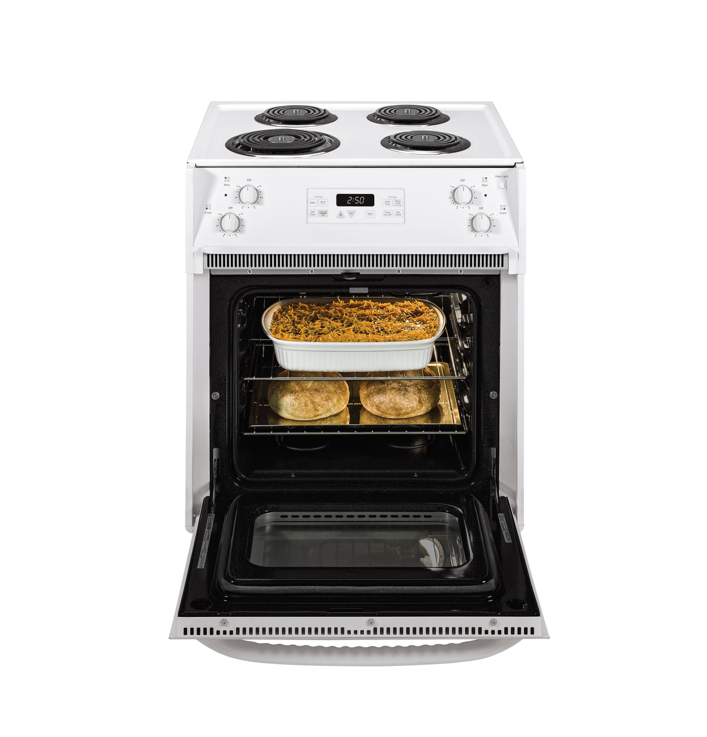White drop-in electric range with coil burners and open oven containing baked casserole and pies in kitchen appliances collection