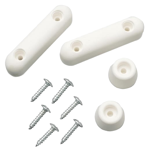 White plastic screw bumper set with six silver screws for toilet seat installation in home improvement tasks