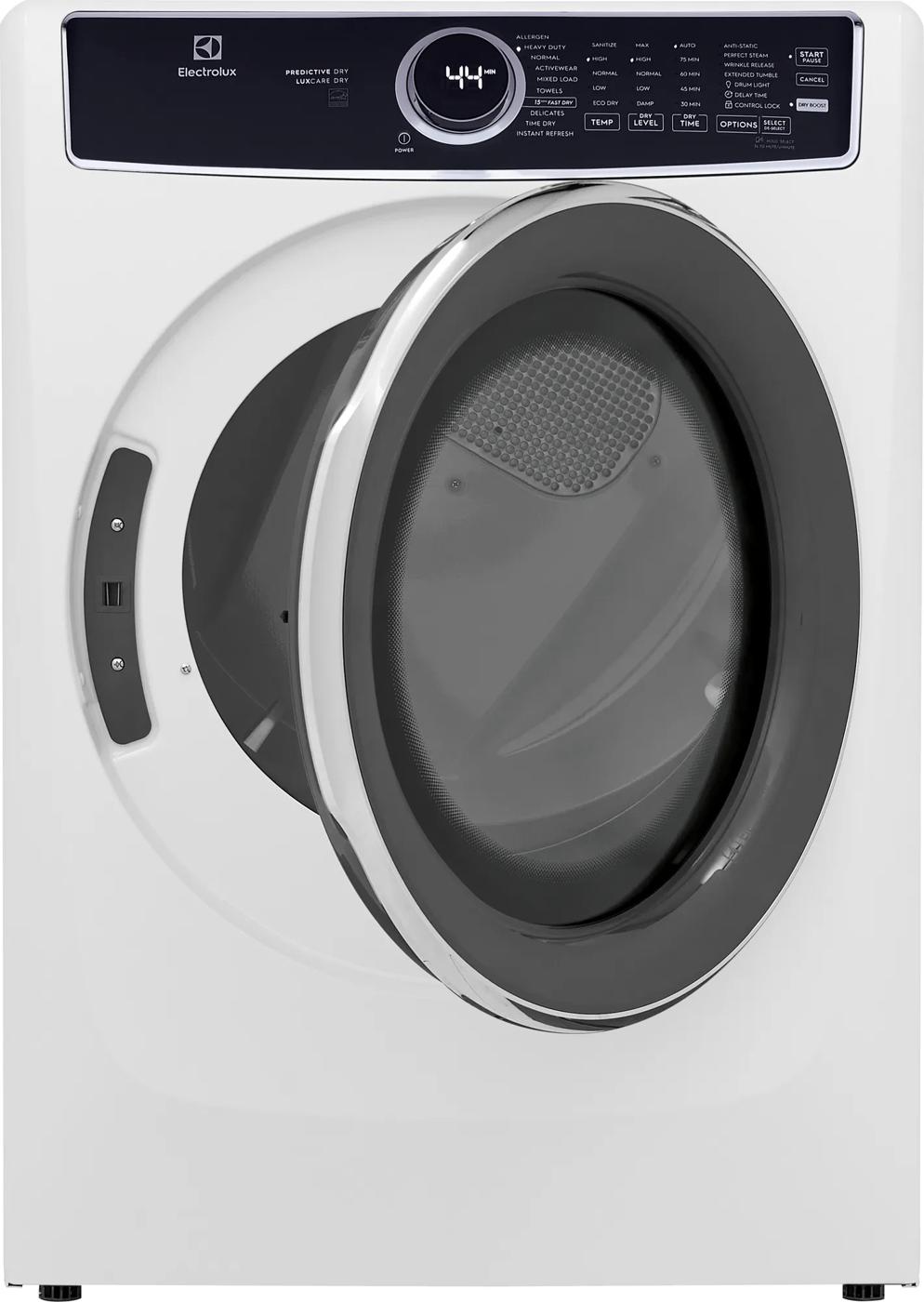 Front load white electric dryer with digital control display and large tinted glass door from Dryers collection
