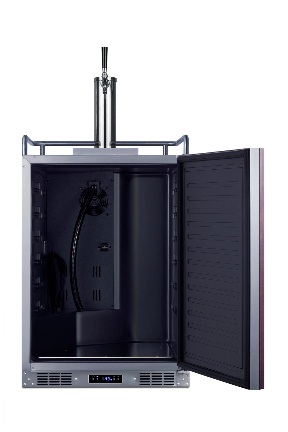 Built-in beverage dispenser with stainless steel draft tower, open door showing empty black interior and digital control panel