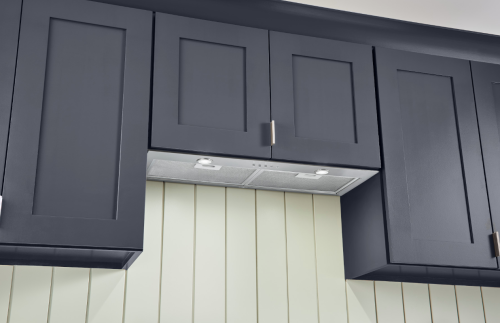 Stainless steel blower insert with push-button controls and built-in lights for over the range hoods in kitchen appliances collections