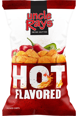 Bag of Uncle Ray's Hot Flavored Potato Chips with spicy chili pepper design from Chips & Snacks collection