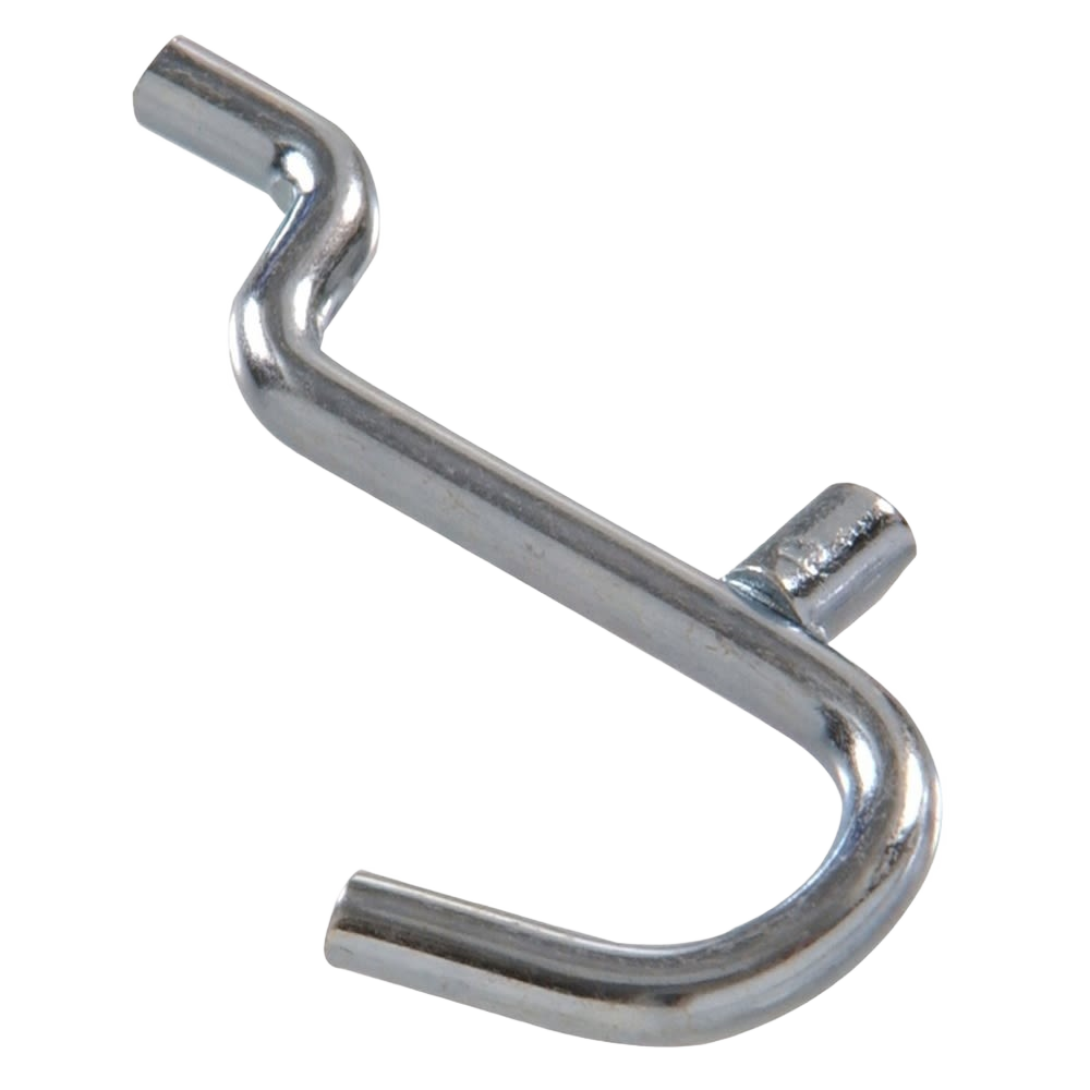 Zinc-plated curved peg hook for storage and organization of tools and equipment in home improvement hardware.