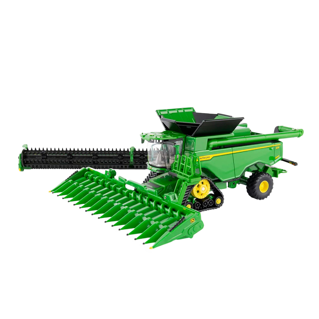 Green 1:64 scale John Deere combine toy with detailed grain header and tractor tracks for collectible display