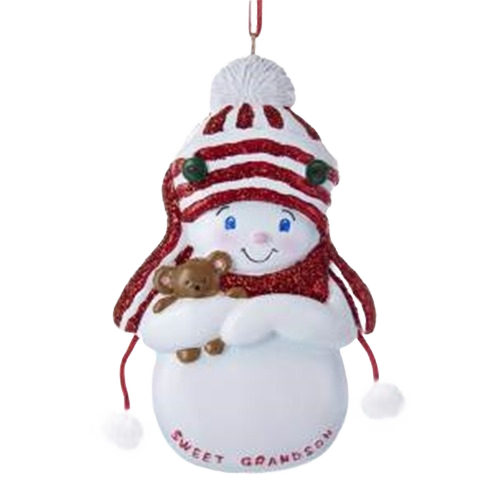 Snowboy ornament with red and white striped winter hat holding small teddy bear in Christmas decorations collection