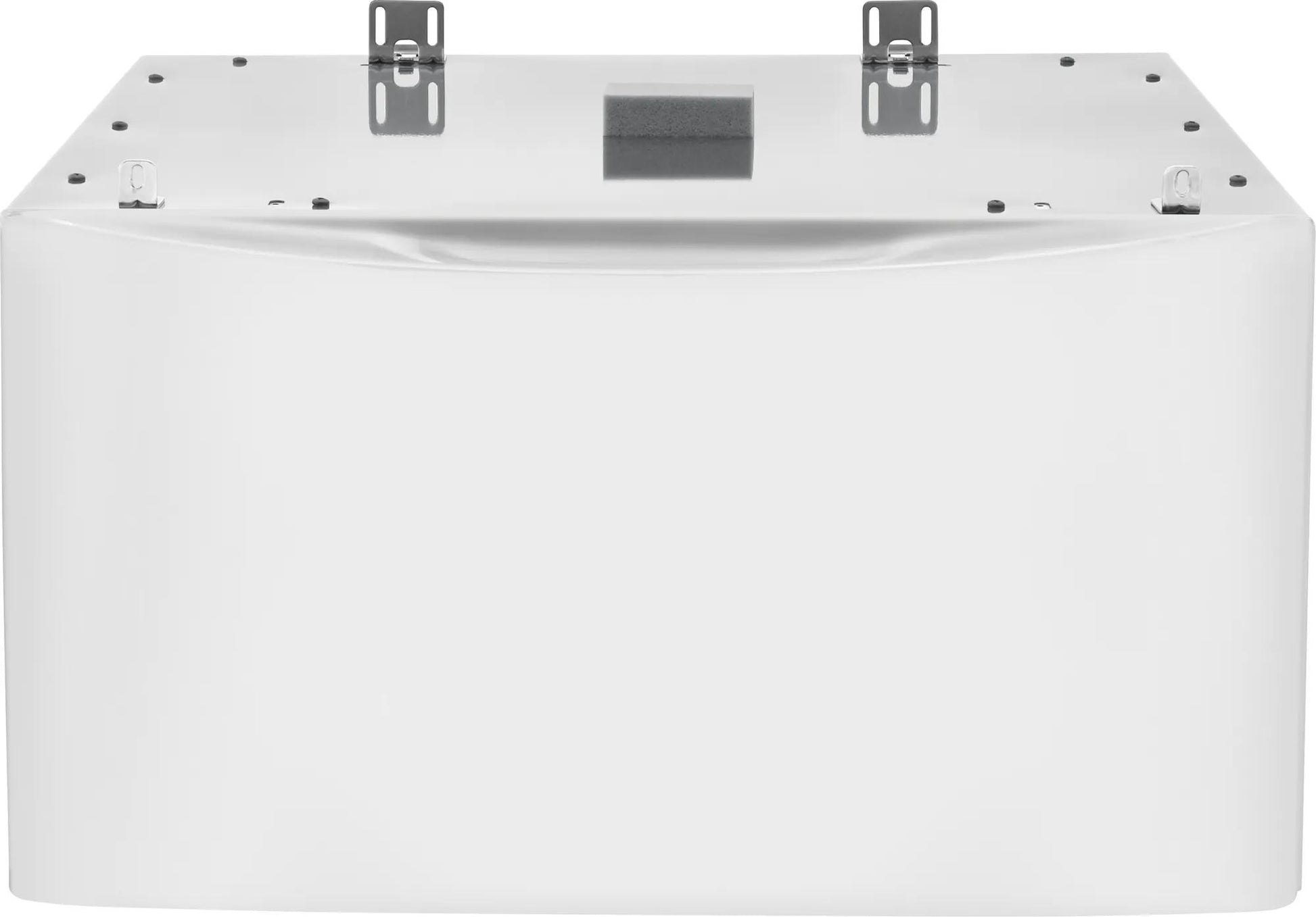 White laundry pedestal drawer with metal mounting brackets for appliance parts and home improvement projects