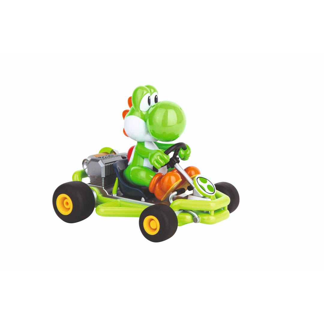 Green Yoshi figurine seated in a miniature pipe kart racer with yellow wheels and detailed steering controls