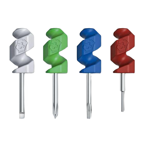 Set of four compact colored screwdriver bits with ergonomic handles for multi-tool and home improvement use