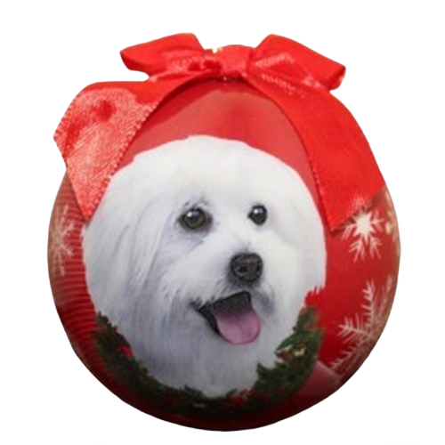 Red Christmas ball ornament featuring white Maltipoo dog portrait with festive wreath and large red bow on top