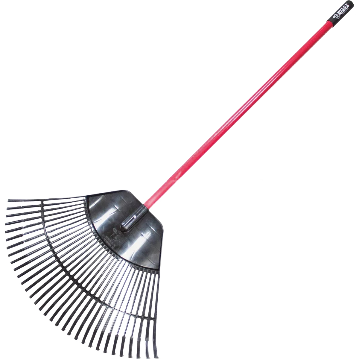 Lawn leaf rake with wide polypropylene head and red fiberglass handle for garden and outdoor hand tool tasks