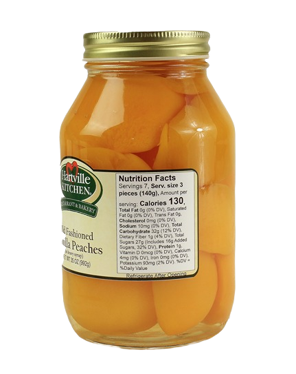 Glass jar of Hartville Kitchen sweet vanilla-infused peaches in syrup from jams and jellies collection